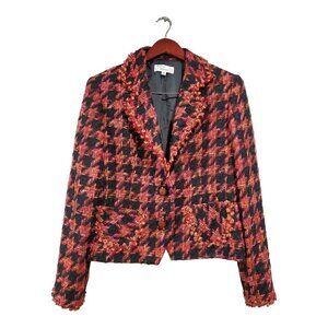 Vintage Designs By Seymour Red Black Lined Tweed Blazer Button Front NWT SZ 12P